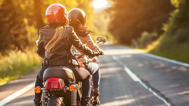Photo deux femmes à moto par une journée ensoleillée, elles portent toutes les deux des casques et des vestes en cuir.