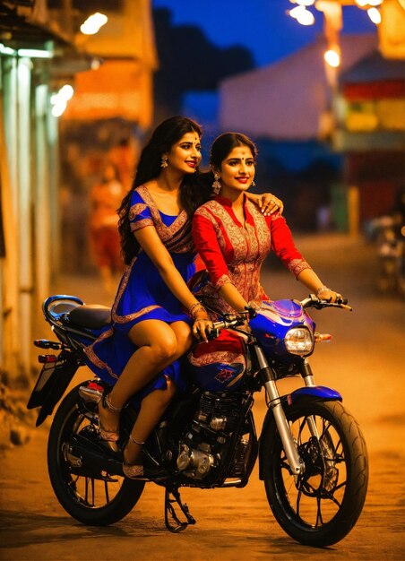 deux femmes sur une moto avec une portant une tenue rouge et bleue