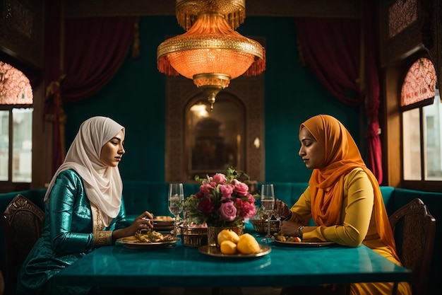 Deux femmes musulmanes assises à une table.