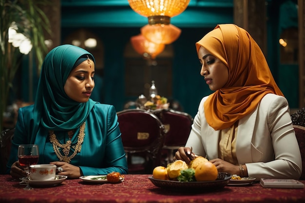 Deux femmes musulmanes assises à une table.