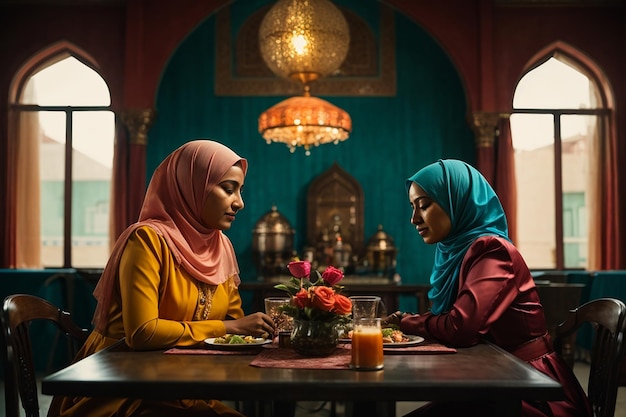 Deux femmes musulmanes assises à une table.