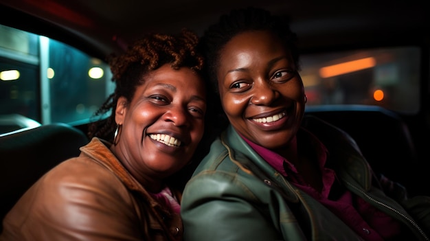 Deux femmes noires matures sourient sur la voiture de taxi