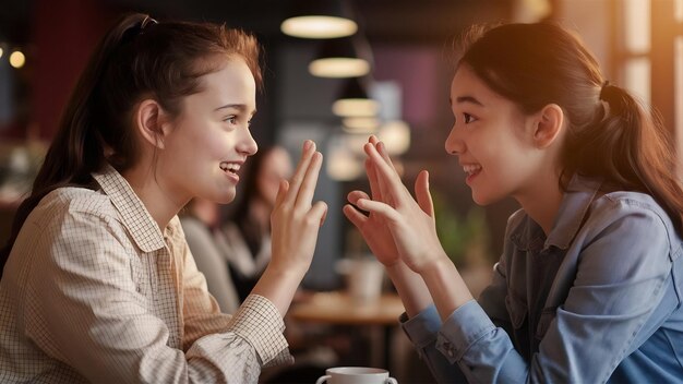 Photo deux femmes parlent la langue des signes filles pour parler la langue des personnes malentendantes les sourds