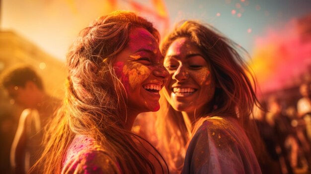 Deux femmes peintes au visage sourient devant la caméra Concept du festival Holi IA générative