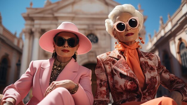 Photo deux femmes plus âgées habillées en rose et portant des lunettes de soleil dans le style vibrant et texturé