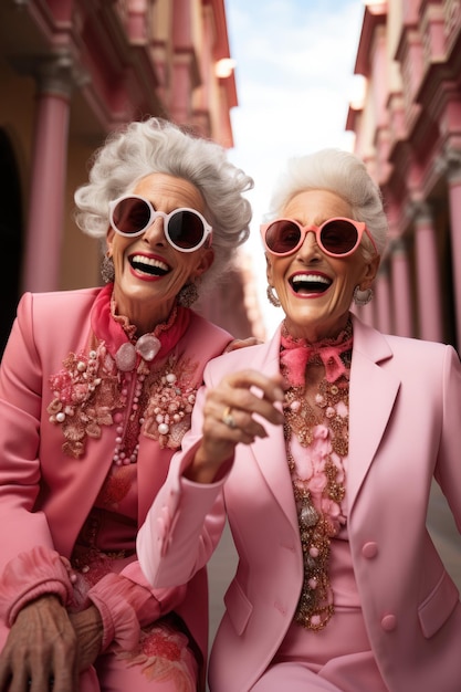 Photo deux femmes plus âgées habillées en rose et portant des lunettes de soleil dans le style vibrant et texturé