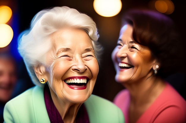 Deux femmes plus âgées rient et rient dans une pièce sombre
