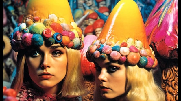 Photo deux femmes portant des chapeaux avec des boutons colorés dessus.