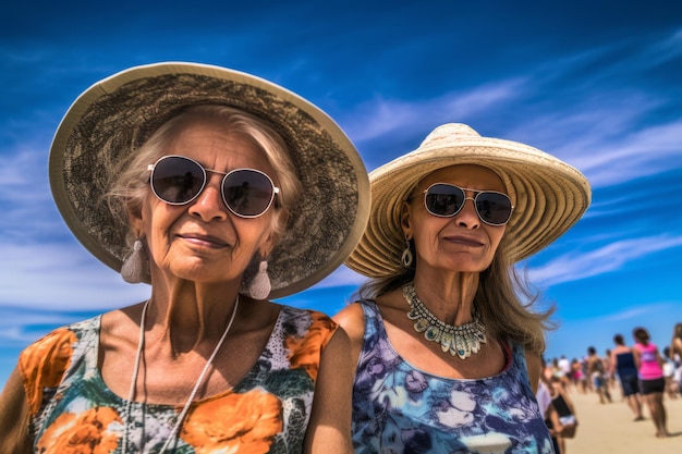 Deux femmes portant des chapeaux et des lunettes de soleil se tiennent devant un ciel bleu.