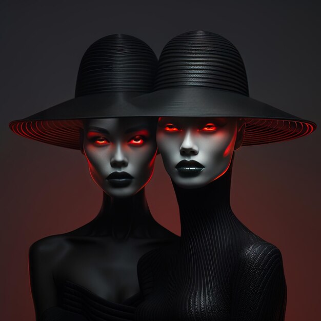 deux femmes portant des chapeaux avec des yeux rouges et un chapeau noir avec des yeux rouge