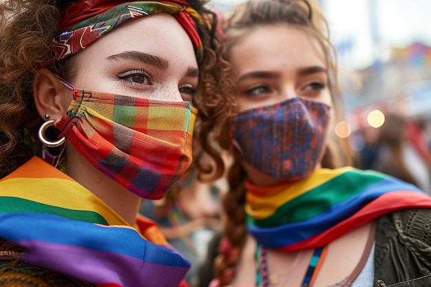 deux femmes portant des masques colorés avec le mot arc-en-ciel sur eux