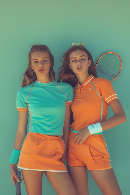 deux femmes posant avec une raquette de tennis et une portant une chemise bleue avec le numéro 7 dessus