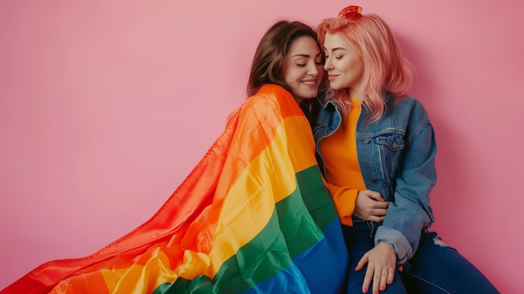 Photo deux femmes posent pour une photo avec un fond coloré arc-en-ciel