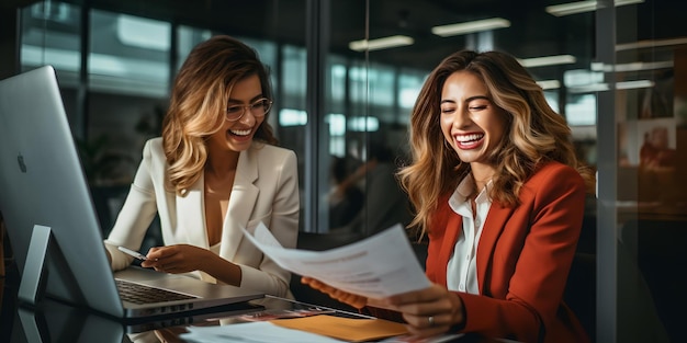 Deux femmes professionnelles collaborant dans un bureau moderne travaillant tard et se concentrant sur la réussite du projet AI