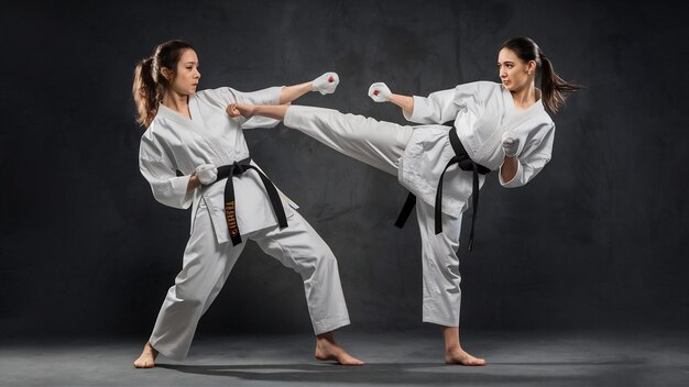 Photo deux femmes professionnelles de karaté se battant en utilisant la technique du karaté coup de pied et coup de poing