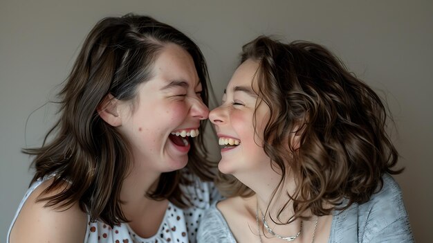 deux femmes qui rient et l'une a un sourire sur le visage