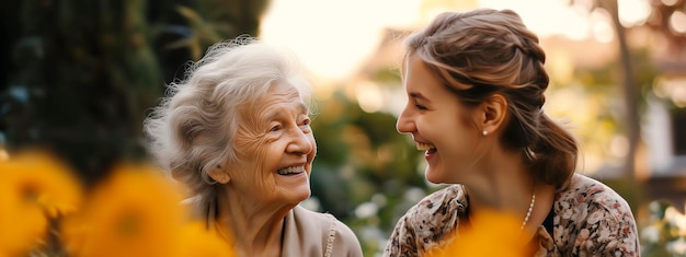 Deux femmes qui sourient ensemble au soleil La jeunesse contrastée avec le vieillissement