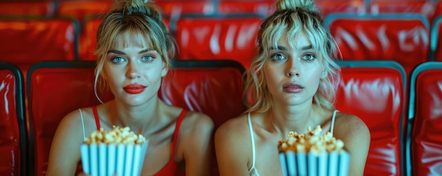 Photo deux femmes regardant un film au cinéma mangeant du pop-corn ai généré