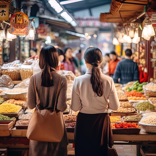 Photo deux femmes regardent un aliment sur un marché
