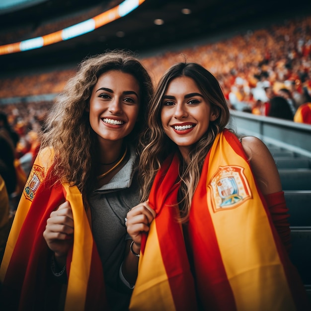 deux femmes regardent un match de football espagnol et portent le drapeau de leur pays