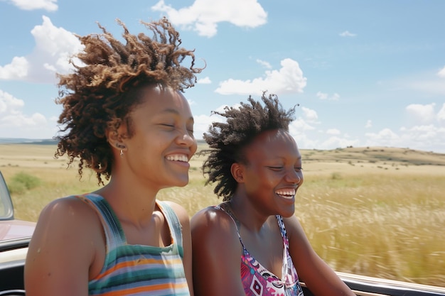 Deux femmes rient ensemble tout en profitant d'un voyage en voiture ensoleillé à travers un paysage pittoresque