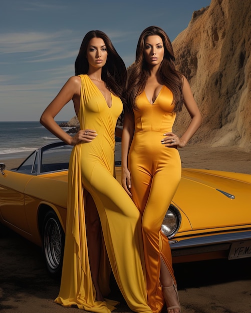 Photo deux femmes en robes jaunes se tiennent à côté d'une voiture jaune.