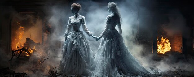 deux femmes en robes avec l'une tenant la main de l'autre.