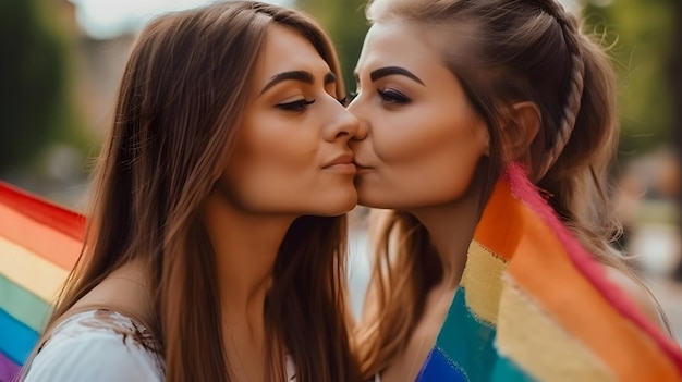 Deux femmes s'embrassent dans un baiser LGBTQ