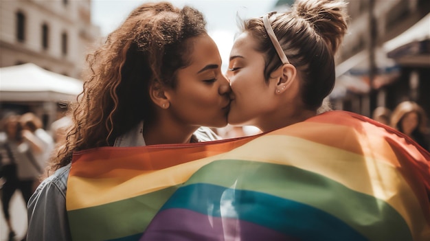 Deux femmes s'embrassent devant un drapeau arc-en-ciel