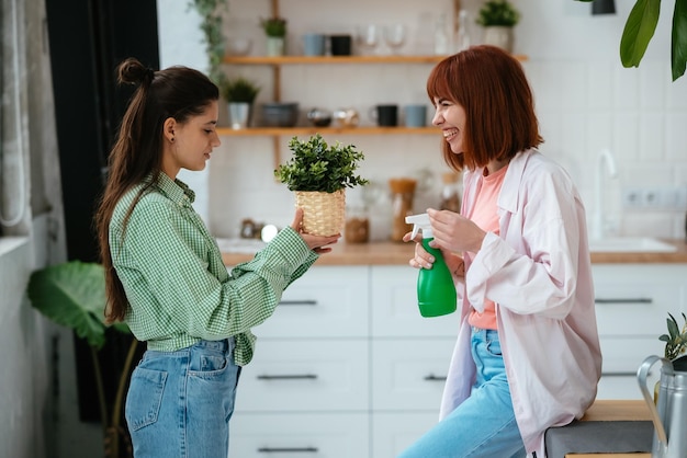 Deux femmes s'occupent des plantes d'intérieur en pulvérisant de l'eau