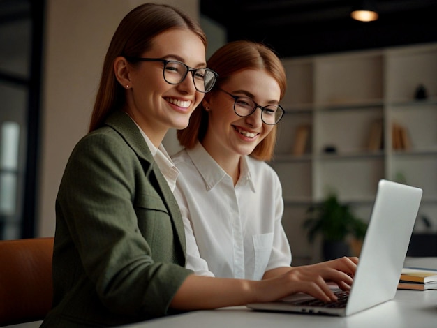 deux femmes sont assises à un bureau, l'une d'elles porte des lunettes.