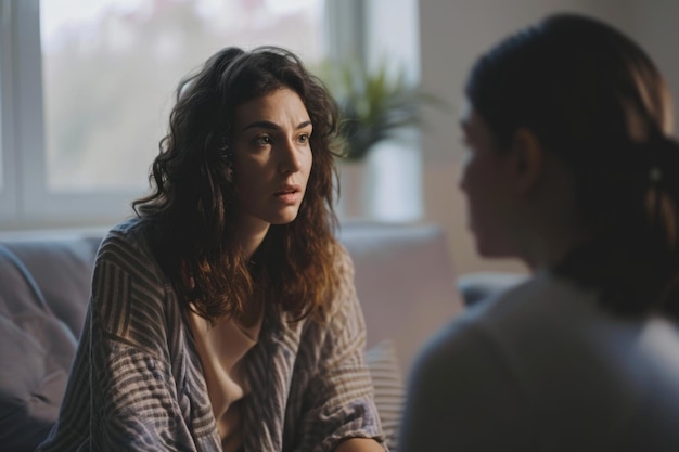 Deux femmes sont assises sur un canapé et parlent.