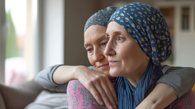 Deux femmes sont assises sur un canapé s'embrassant les unes les autres avec leurs bras.