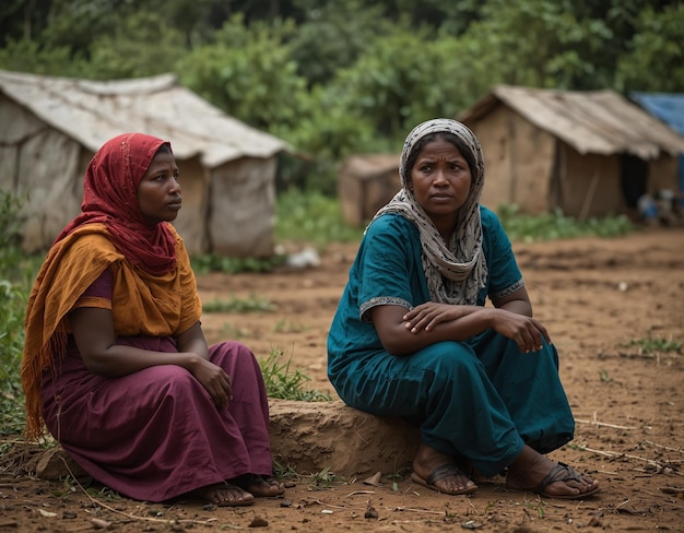 Photo deux femmes sont assises sur un champ de terre dont l'une a un foulard rouge sur la tête