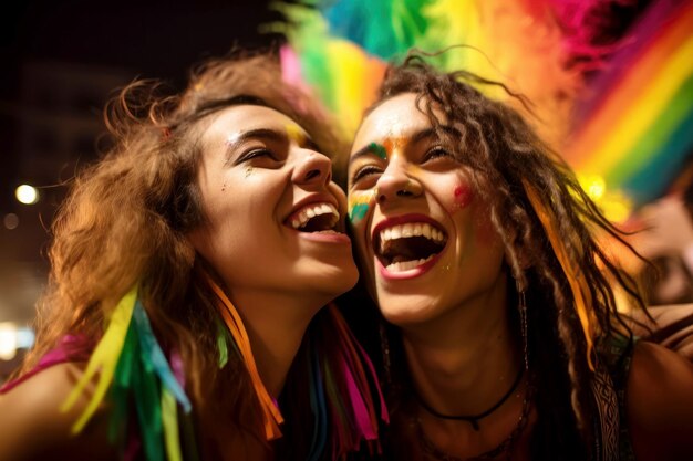 Photo deux femmes souriant à un festival coloré