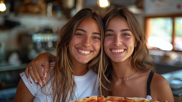 Deux femmes souriantes avec une pizza