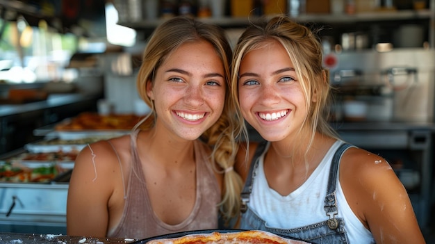 Deux femmes souriantes avec une pizza