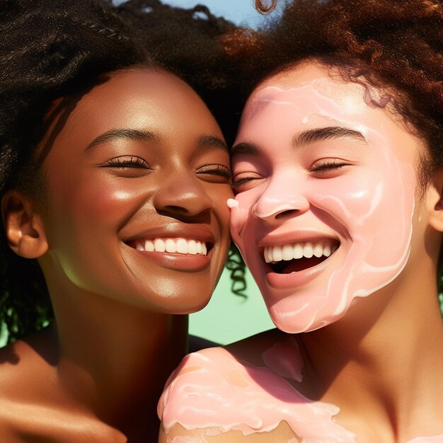 Deux femmes sourient et une a une peinture blanche sur le visage.