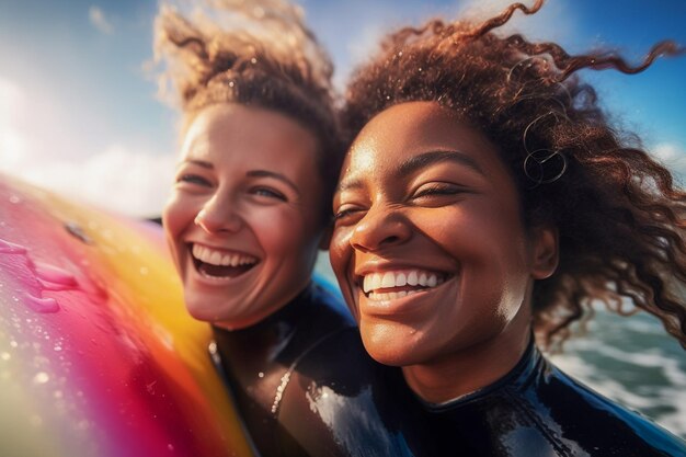 Deux femmes sourient et rient ensemble sur une plage