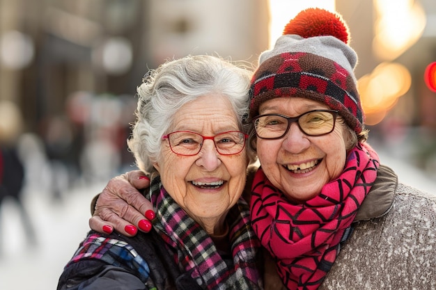 Deux femmes sourient et s'embrassent dans une rue enneigée.