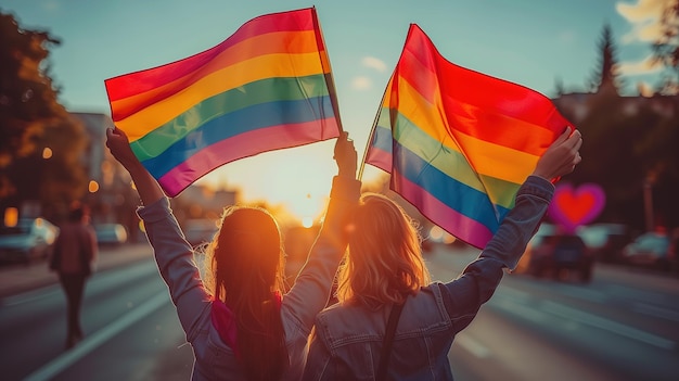 Deux femmes tenant un drapeau arc-en-ciel dans la rue