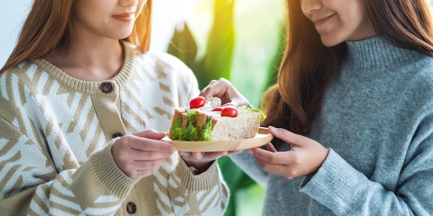 Deux femmes tenant et mangeant ensemble un sandwich au blé entier dans une assiette en bois