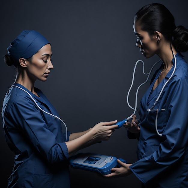 Deux femmes tiennent un appareil qui dit le mot cœur dessus.