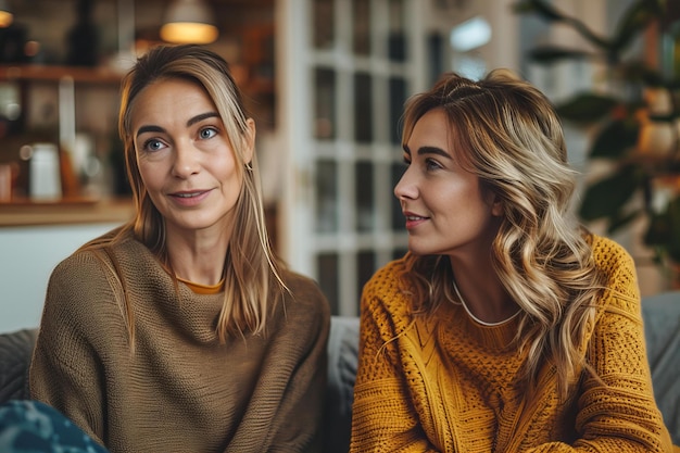 Photo deux femmes en train de discuter sur le canapé.