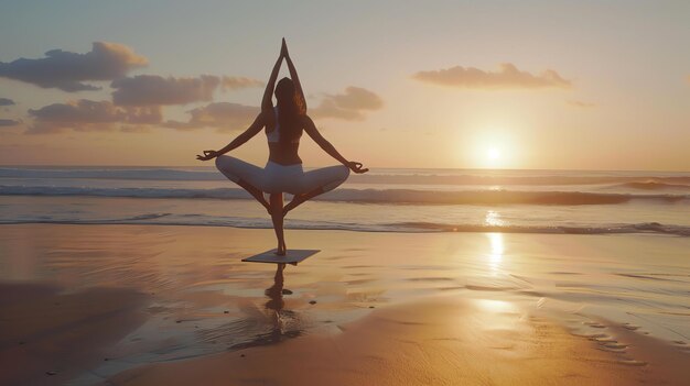 Deux femmes en vêtements de sport blancs pratiquent le yoga sur la plage au coucher du soleil. Elles se tiennent sur une jambe chacune et se tiennent la main en l'air.