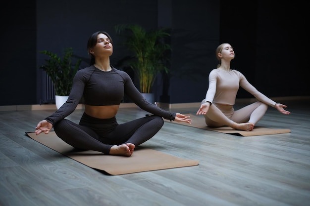 Deux femmes en vêtements sportifs pose en posture de lotus sur des tapis en studio d'étirement