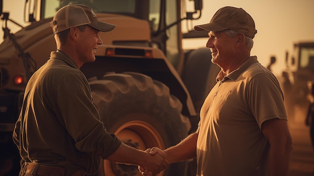 Deux fermiers en chemise s'approchent sur le fond de tracteurs se serrant la main.