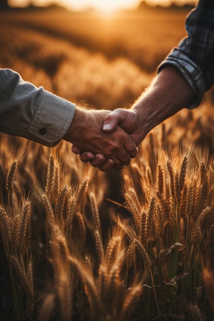 Deux fermiers debout dans un champ de blé et se serrant la main au coucher du soleil