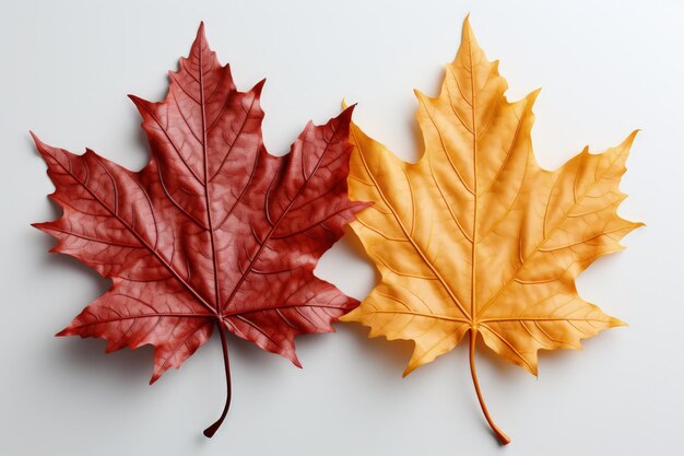 Photo deux feuilles d'érable colorées sur fond blanc