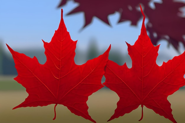 Deux feuilles d'érable rouges sont devant un arbre avec le mot canada dessus.